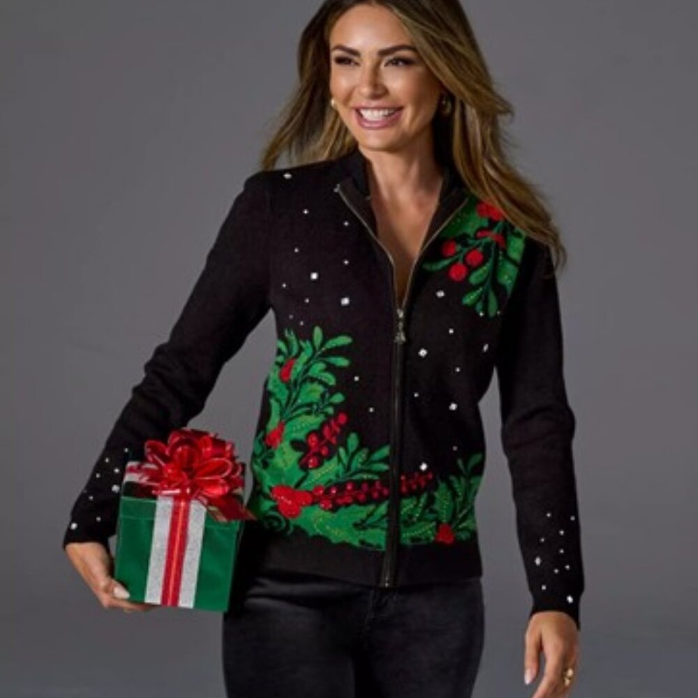 Boston Proper Embellished Mistletoe Zip Up Cardigan Size Large